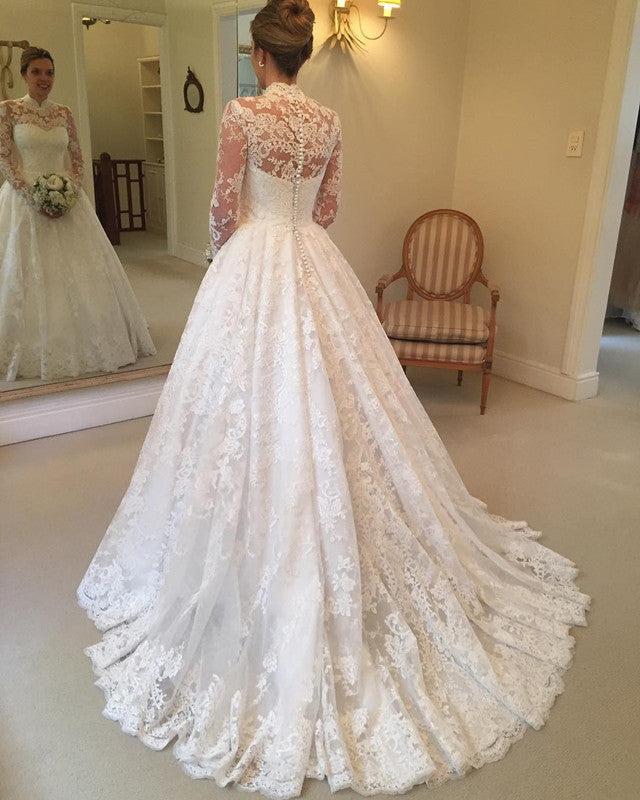 Vintage Lace Princess Wedding Dress High Neck Long Sleeves