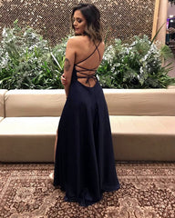 Sexy Plunge Neck Prom Dresses Satin Split