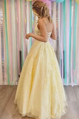 Lace-Up Yellow V-Neck Appliques A-Line Long Prom Formal Dress TP1141