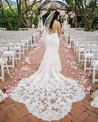 Lace V Neck Mermaid Wedding Dresses Sweep Train