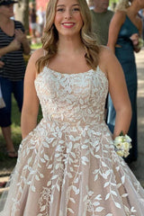 Lace Applique A-Line Champagne Prom Dress with Double Straps TP1357