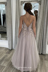 Lace Applique Spaghetti Strap A-line Prom Dresses, CP0868