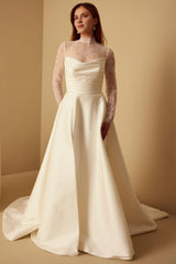 Weitese Formal Wear Dresses Long Sleeves Half Hight Neck Lace Bodysuit  A-line Floor Length Wedding Dress With Train