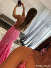 Lace Hot Pink Prom Dresses 2024 Mermaid V Neck Long Formal Dress