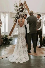 Lace Mermaid V-neck Long Sleeves Backless Bohemian Wedding Dresses TN369