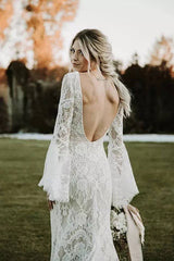 Lace Mermaid V-neck Long Sleeves Backless Bohemian Wedding Dresses TN369