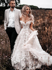 A Line Floral Lace Beach Country Wedding Dresses  Off the Shoulder Bridal Gown