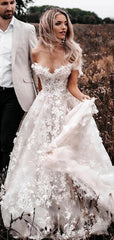 A Line Floral Lace Beach Country Wedding Dresses  Off the Shoulder Bridal Gown