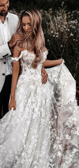 A Line Floral Lace Beach Country Wedding Dresses  Off the Shoulder Bridal Gown