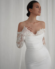Lace Satin Mermaid Wedding Dress Gorgeous Fitted Bridal Gown Romantic Floral Lace Off Shoulder Corset Open Back Long Sleeves Wedding Dress