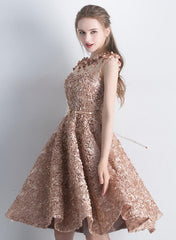 Lace Short Cute A-line Round Neckline Homecoming Dress, Lace Party Dress Formal Dress