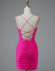 Lace Up Spaghetti Straps Short Homecoming Dress Hot Pink Dance Dress HD0134