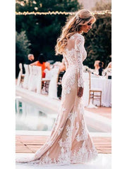 Lace Boho Wedding Dresses Mermaid Long Sleeve Rustic Bridal Gown TN251