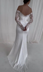 Lace Satin Mermaid Wedding Dress Gorgeous Fitted Bridal Gown Romantic Floral Lace Off Shoulder Corset Open Back Long Sleeves Wedding Dress