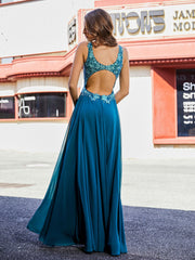 V-Neck Beaded Bodice Chiffon Gown Ink Blue