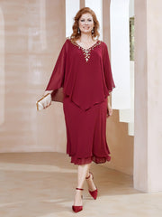 Babaroni Mother Dresses Chiffon V-Neck Flutter Sleeves Dress Burgundy