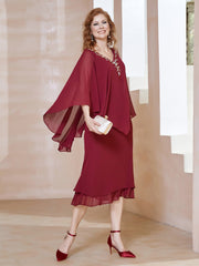 Babaroni Mother Dresses Chiffon V-Neck Flutter Sleeves Dress Burgundy