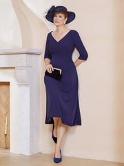 V-Neck Pleated A-line Dress Dark Navy