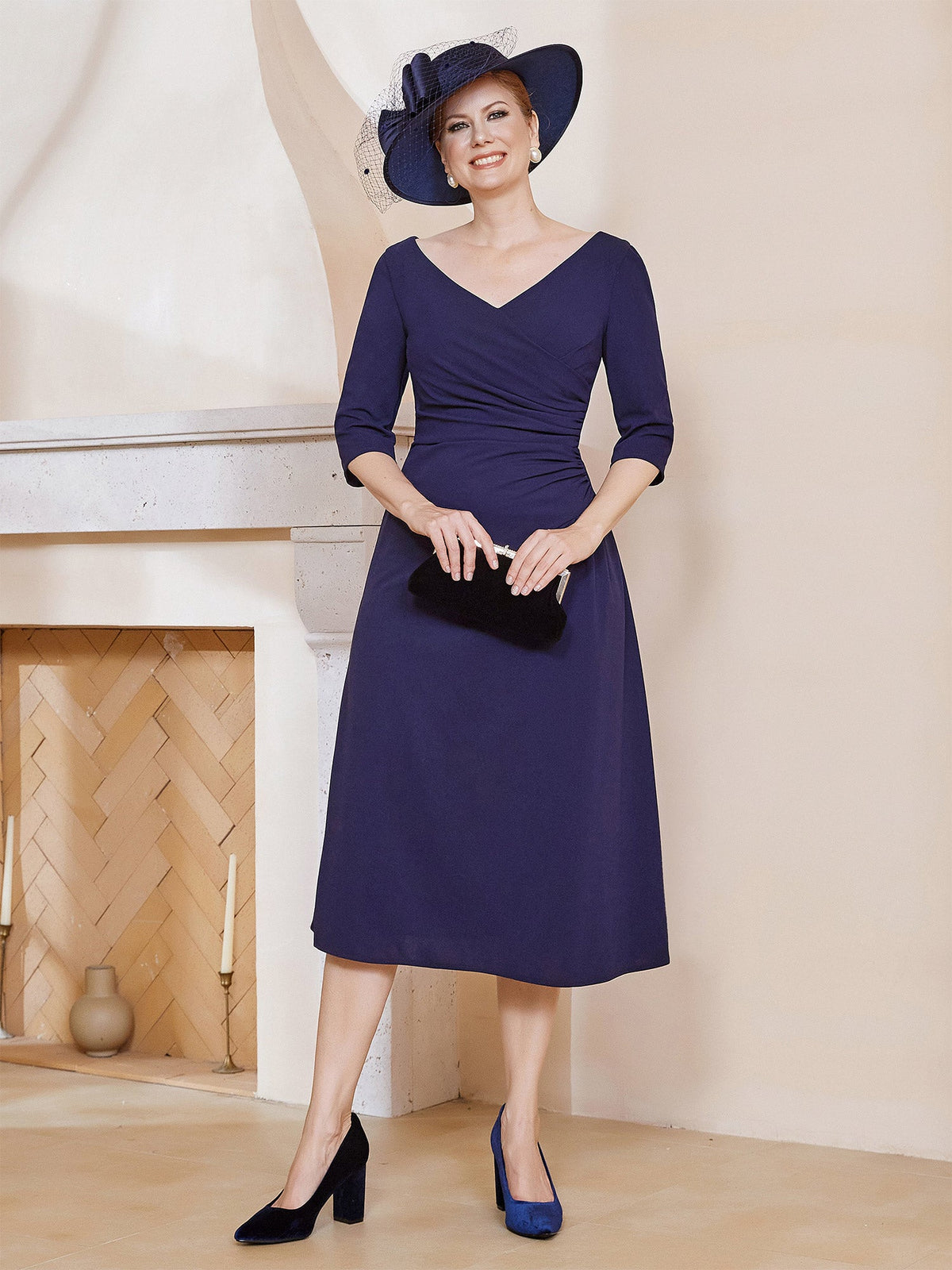 V-Neck Pleated A-line Dress Dark Navy