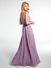 Lace Bodice Chiffon Skirt Maxi Dress with V-neck-Wisteria