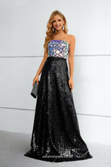Laser Black Sequined Lace Strapless A-line Sparkly Prom Dresses, CP0918