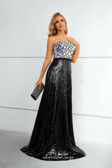 Laser Black Sequined Lace Strapless A-line Sparkly Prom Dresses, CP0918