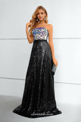 Laser Black Sequined Lace Strapless A-line Sparkly Prom Dresses, CP0918