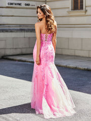 Strapless Lace Up Back Mermaid Tulle Gown Pink