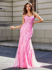 Strapless Lace Up Back Mermaid Tulle Gown Pink