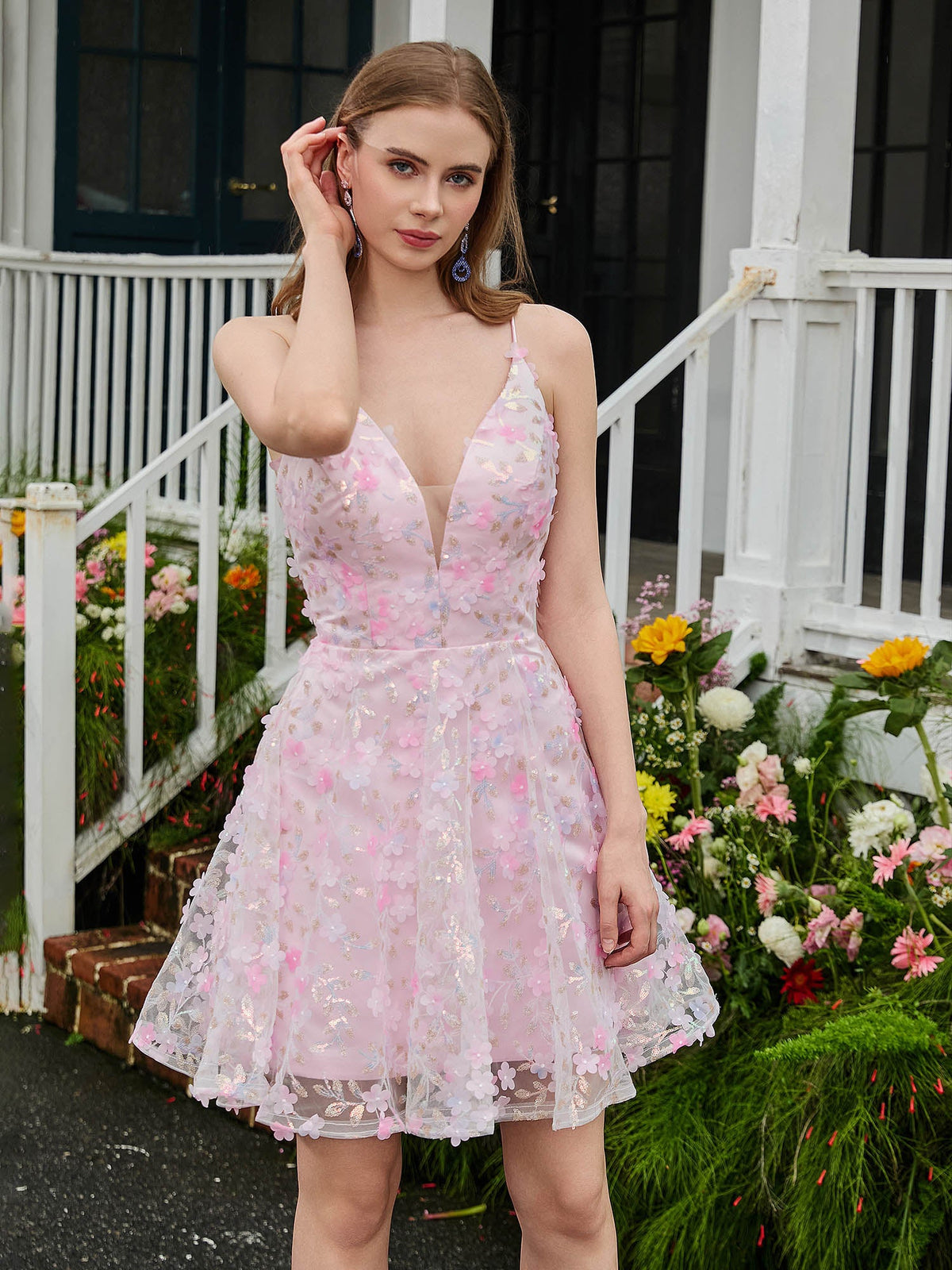 Plunging V-Neck Flower Appliqued Homecoming Dress Blushing Pink