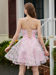 Plunging V-Neck Flower Appliqued Homecoming Dress Blushing Pink