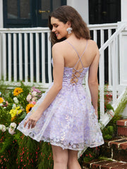Plunging V-Neck Flower Appliqued Homecoming Dress Lilac