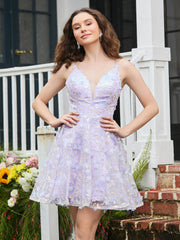Plunging V-Neck Flower Appliqued Homecoming Dress Lilac