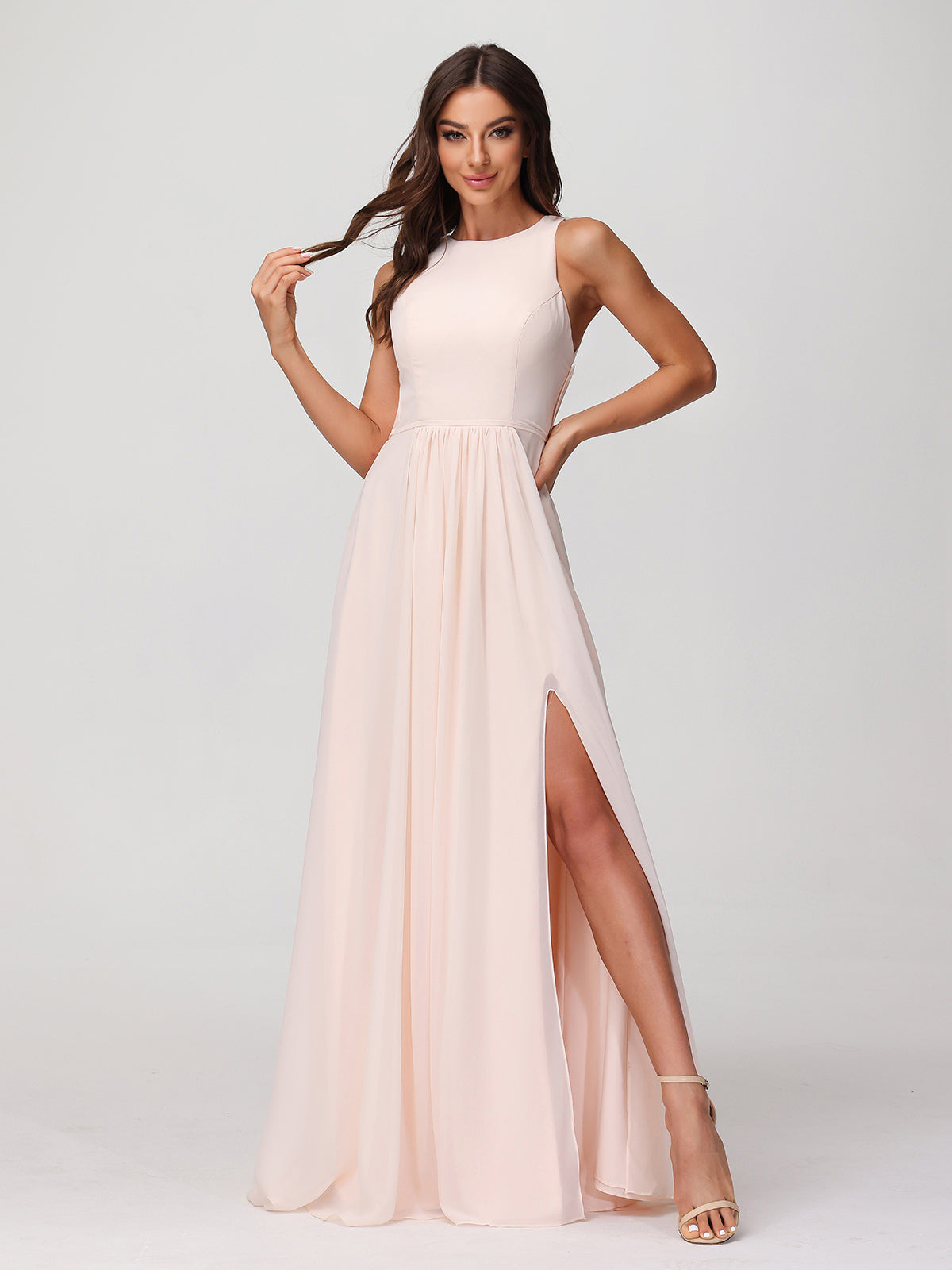 Princess Long Chiffon Dresses with Slit-Peach