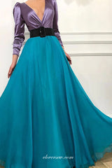 Lavender And Ice Blue Chiffon Long Sleeves V-neck Formal Dresses, CP0730