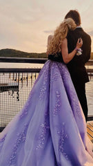 Lavender Applique Tulle Long Prom Dresses, Purple Lace Graduation Dresses Formal Gown with Sweep Train