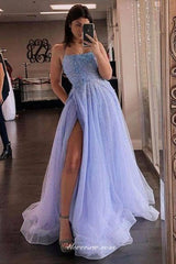 Lavender Beading Tulle Spaghetti Strap Lace Up Back Side Slit Prom Dresses, CP0936