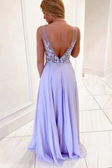 Lavender Chiffon A-line Deep V Neck Long Prom Formal Dress TP1181