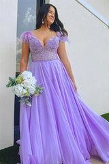 Lavender Plunging Off-the-Shoulder Feathers Appliques Long Prom Dress TP1220