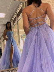 Lavender Tulle Beaded Long Prom Dresses Party Dresses With Split TP1224