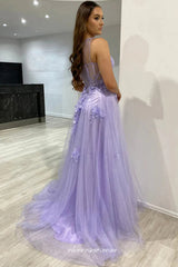 Lavender Tulle Glitter 3D Applique One Shoulder A-line With Slit Prom Dresses, CP1020