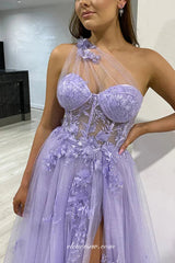 Lavender Tulle Glitter 3D Applique One Shoulder A-line With Slit Prom Dresses, CP1020