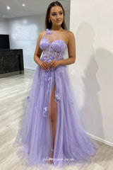 Lavender Tulle Glitter 3D Applique One Shoulder A-line With Slit Prom Dresses, CP1020