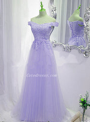 Lavender Tulle Off Shoulder Party Dress with Lace Applique, A-line Tulle Prom Dresses