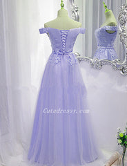 Lavender Tulle Off Shoulder Party Dress with Lace Applique, A-line Tulle Prom Dresses