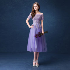 Lavender Tulle Short Lace Applique Beaded Off Shoulder Party Dress, Short Homecoming Dresses