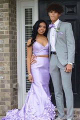 Lavender Two Piece Prom Dresses Mermaid Sleeveless with Flowers Appliques