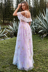 A-Line V-Neck Spaghetti Straps Embroidery Grey Blue Long Prom Dress with Slit Sexy