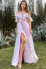 A-Line V-Neck Spaghetti Straps Embroidery Grey Blue Long Prom Dress with Slit Sexy