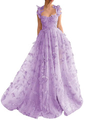 Long Tulle Prom Dress with 3D Butterflies Floor Length Formal Evening Party Gowns for Women
